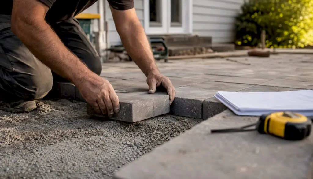 Hands placing pavers with permit paperwork nearby