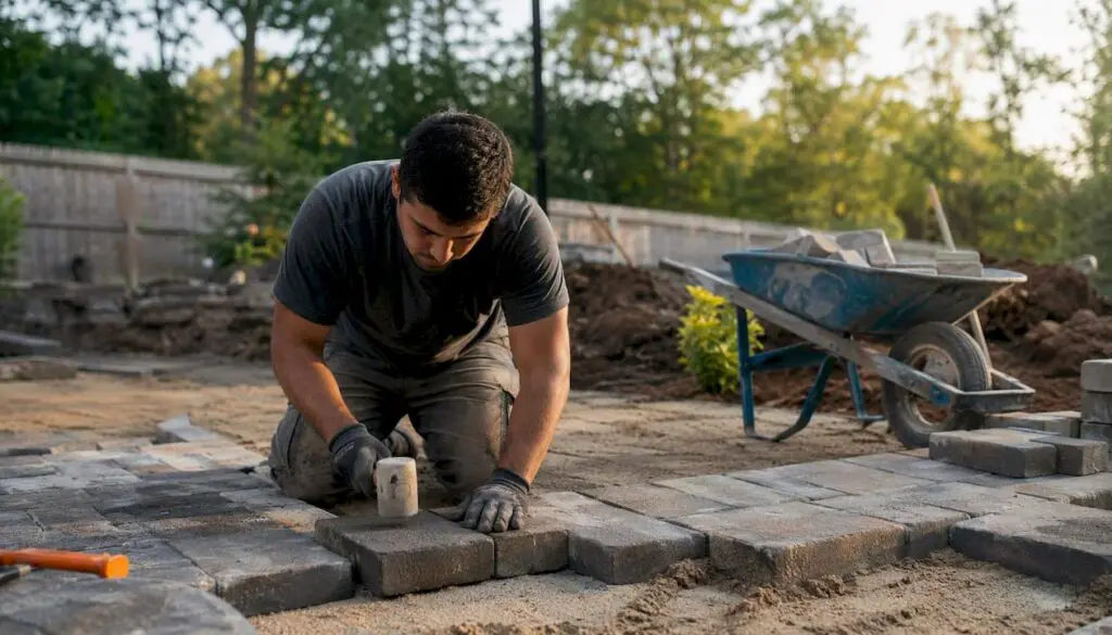 Mason installing a paver patio in NJ