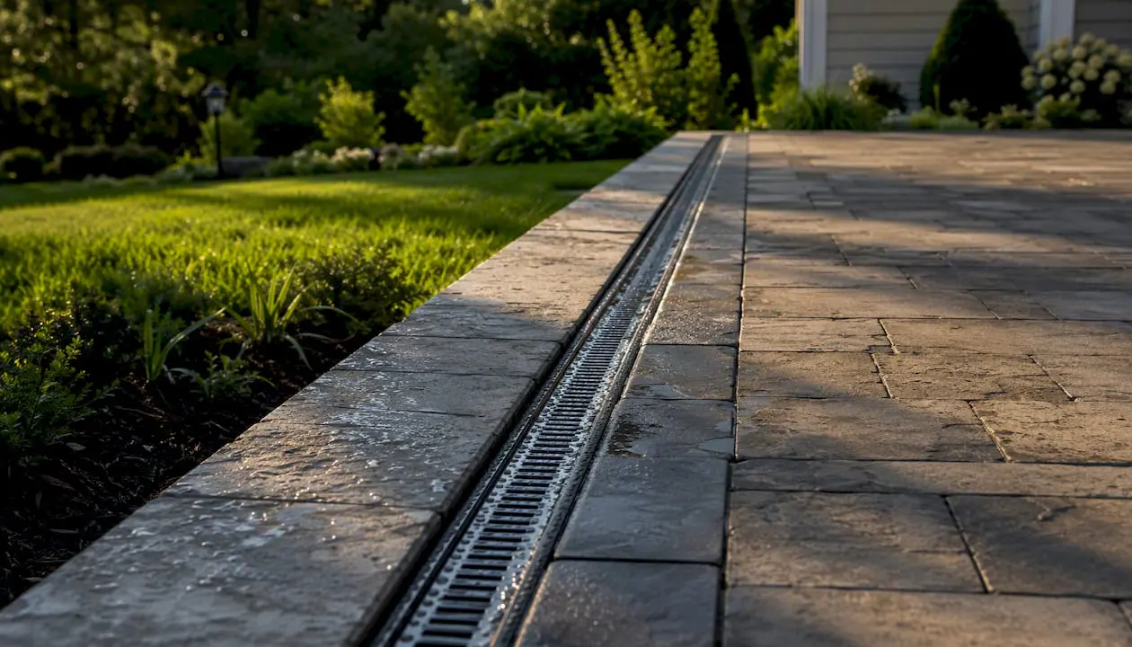 Drainage channel alongside paver patio