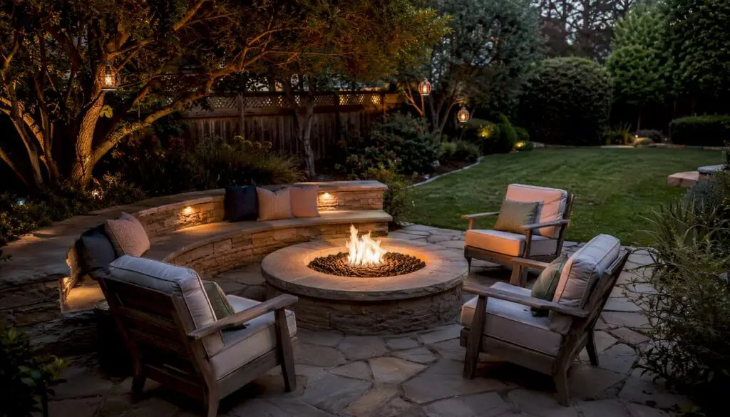 Fire pit with mixed fixed bench and movable chairs seating