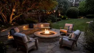 Fire pit with mixed fixed bench and movable chairs seating
