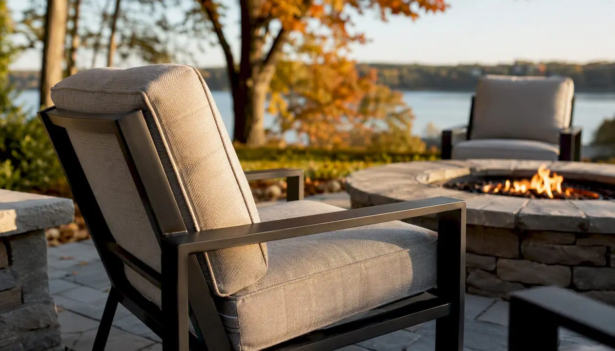 Durable outdoor cushions near a fire pit