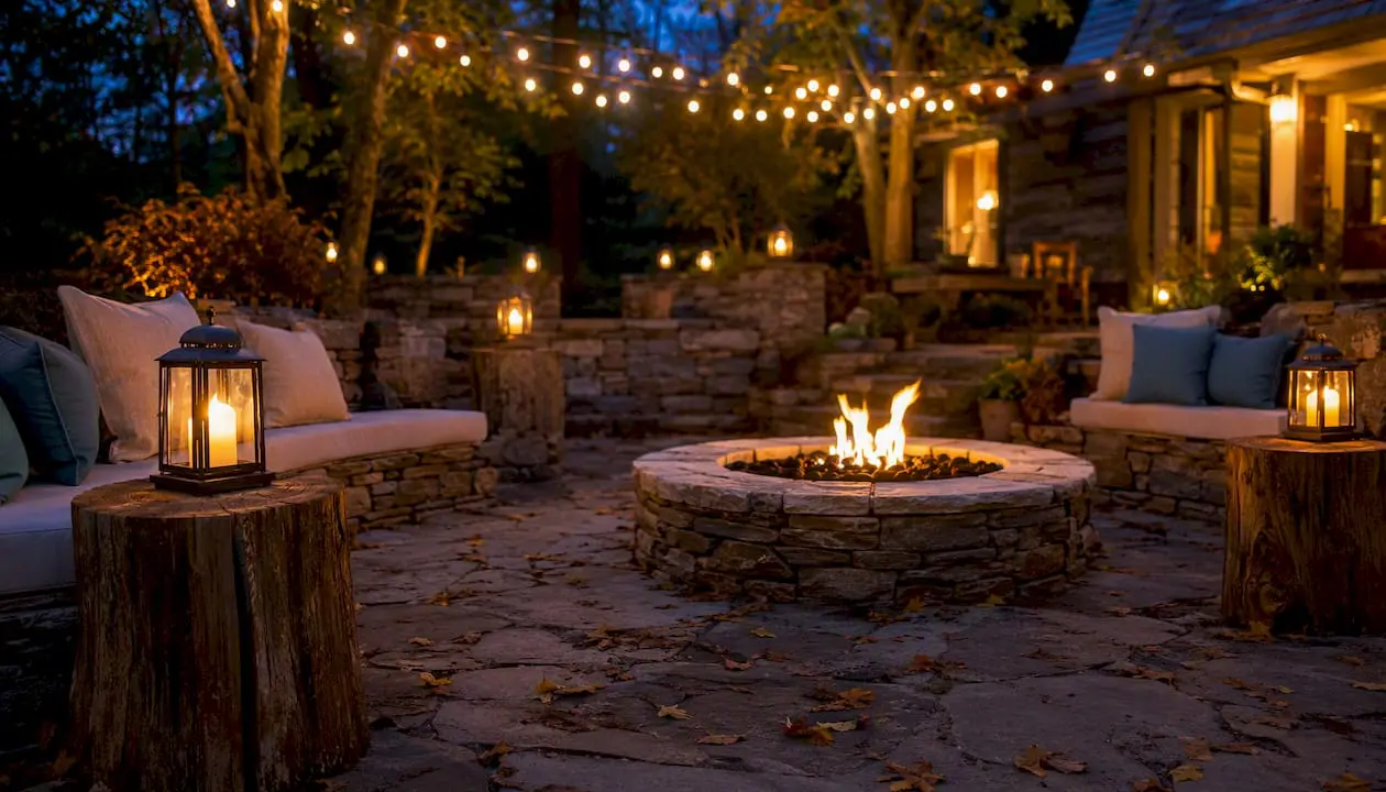 Fire pit area styled with warm layered lighting