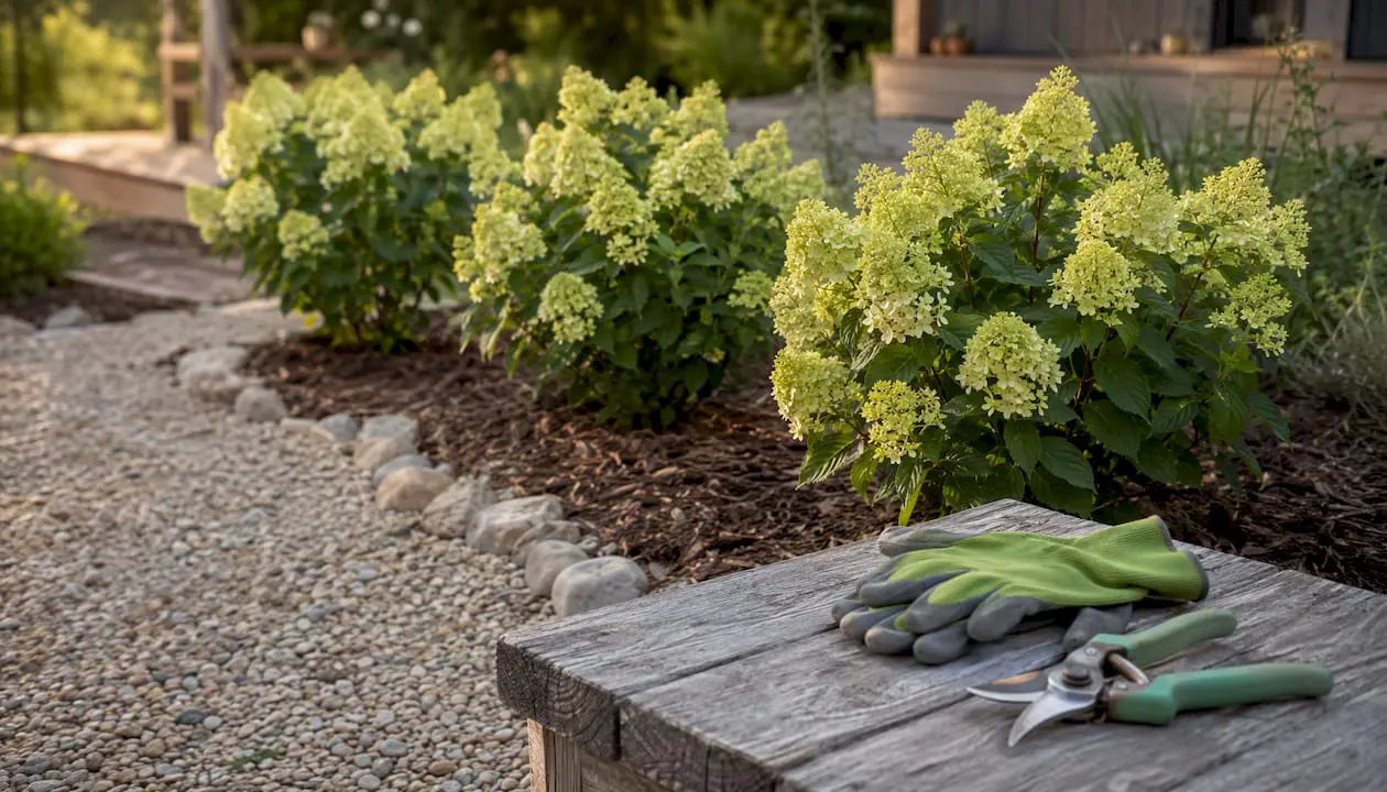 Three hydrangeas grouped in garden bed
