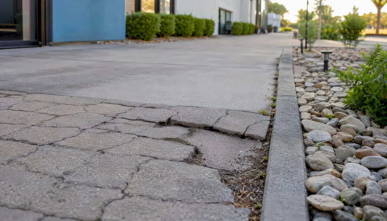 Cracked paver and uneven walkway in commercial landscape