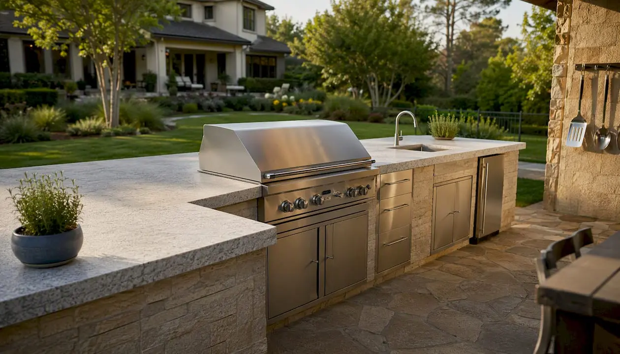 Linear island outdoor kitchen layout patio