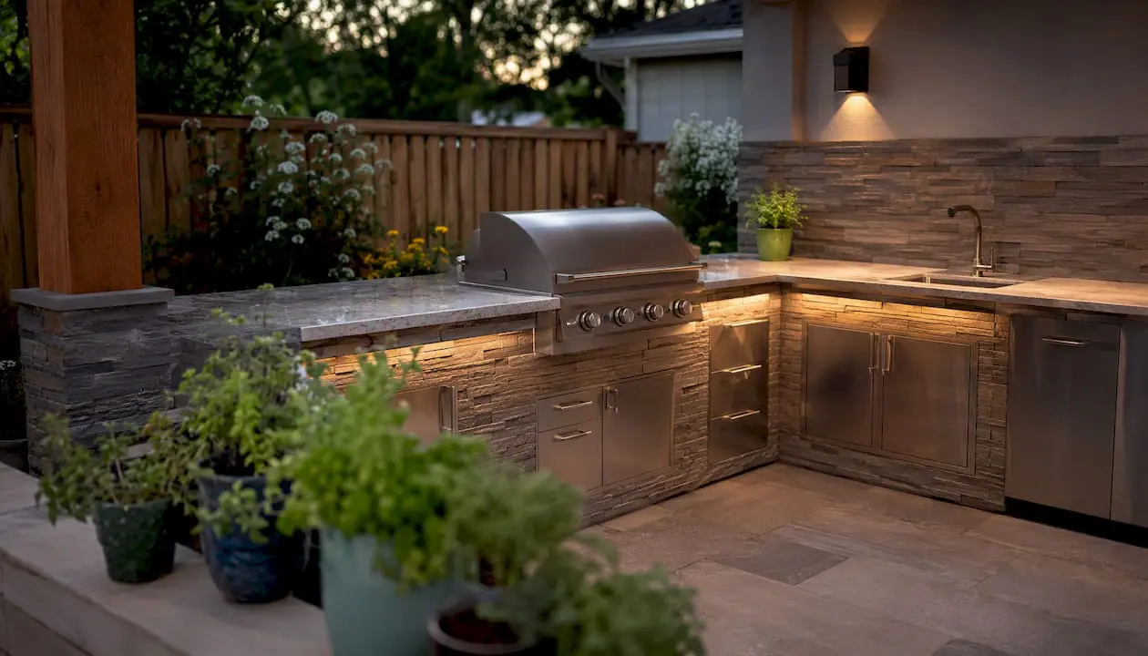 L shaped outdoor kitchen layout corner patio