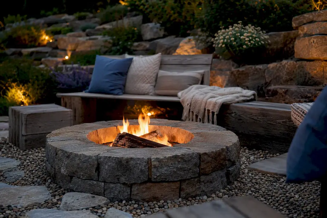Backyard fire pit with warm layered textures