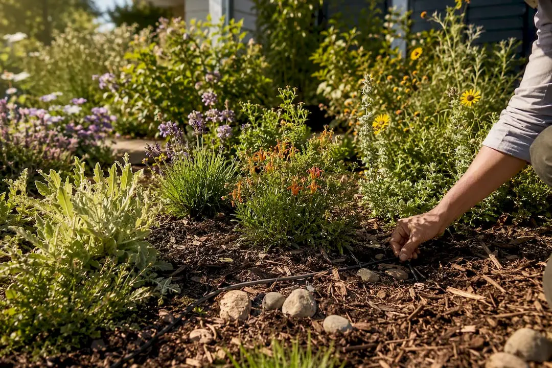 Low-maintenance native planting garden bed with irrigation