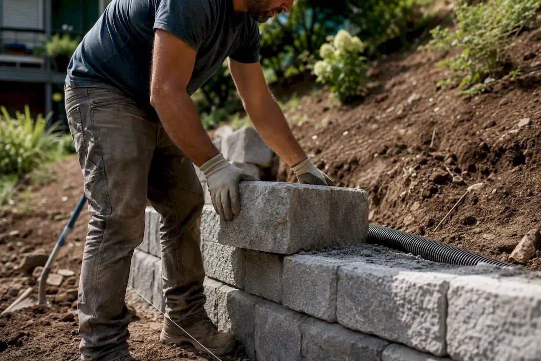 Segmental retaining wall construction on slope