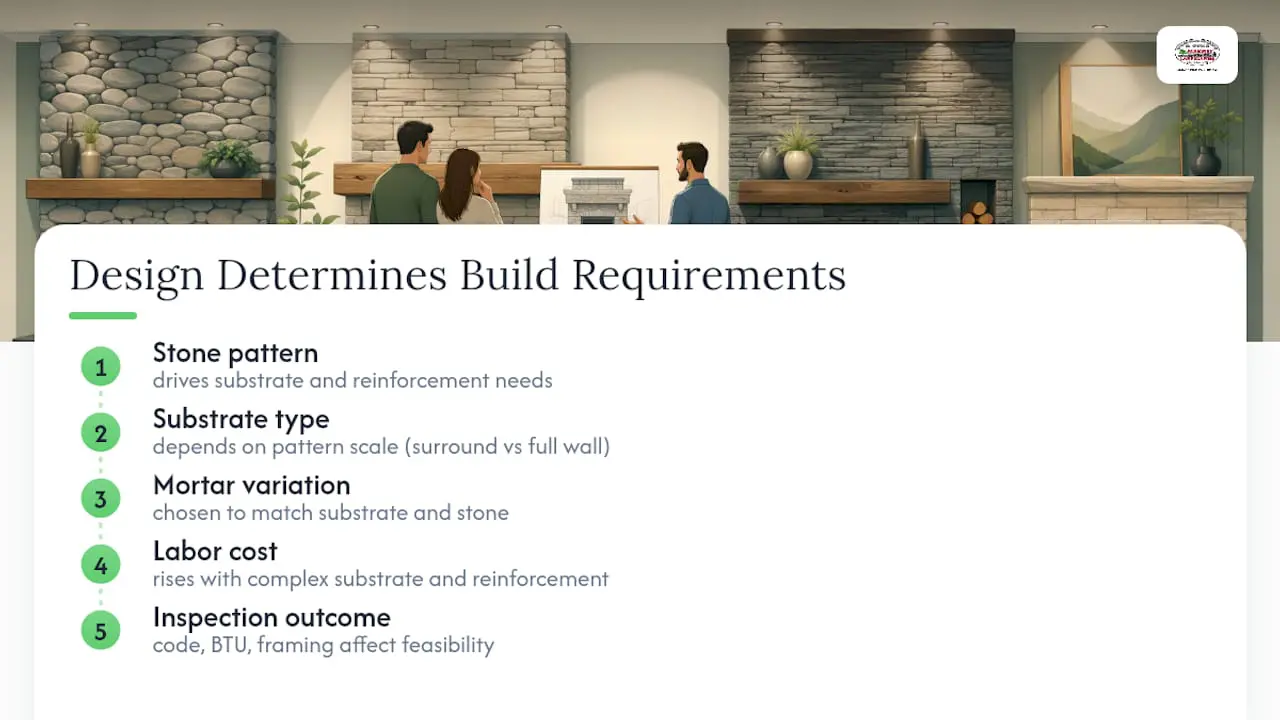 Diagram of design and installation factors impacting stone veneer fireplace
