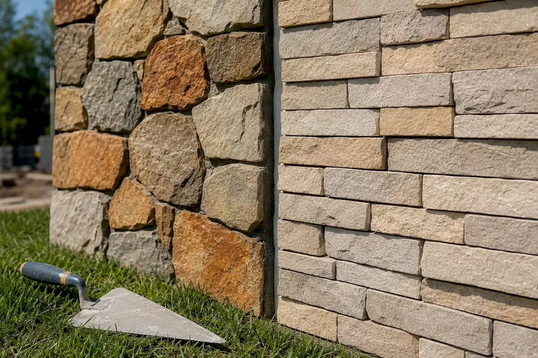 Close-up of natural versus manufactured stone veneer