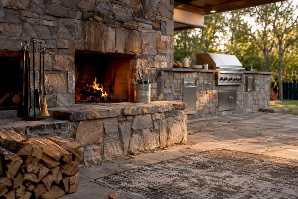 Stone veneer fireplace integrated with outdoor kitchen cladding