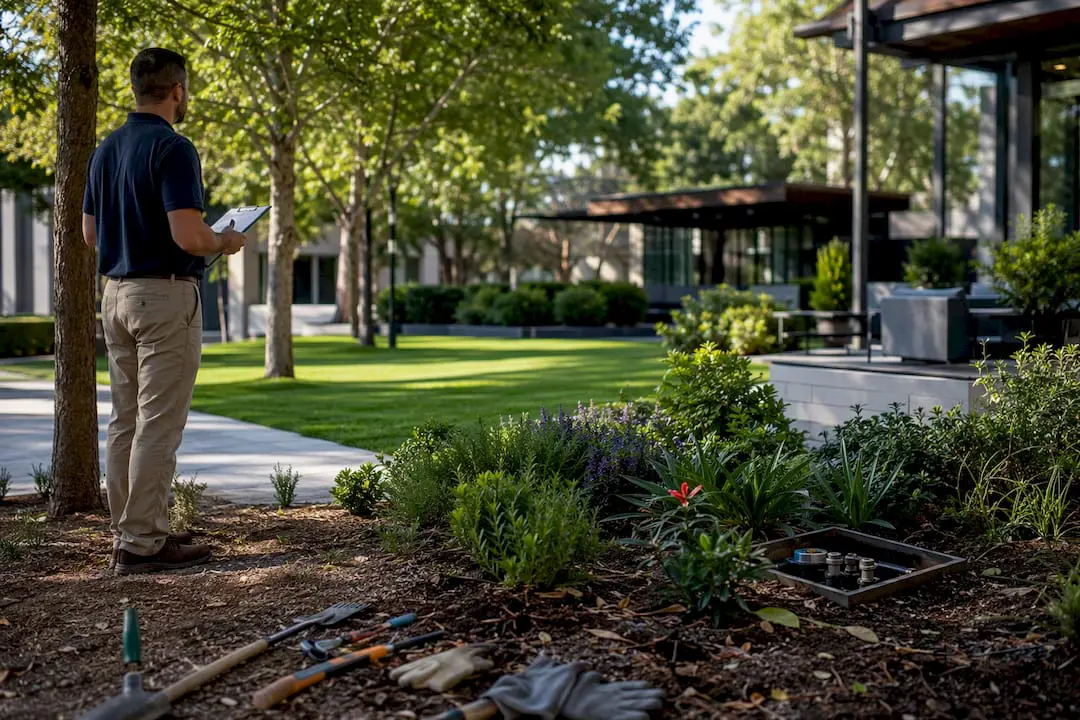Facility manager inspecting commercial landscaping