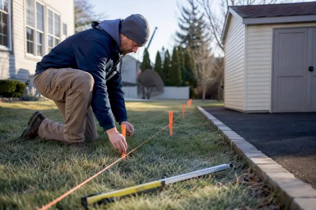 Survey stakes marking a backyard patio boundary