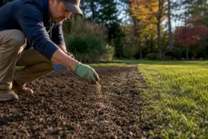 Homeowner spreading grass seed across fall lawn