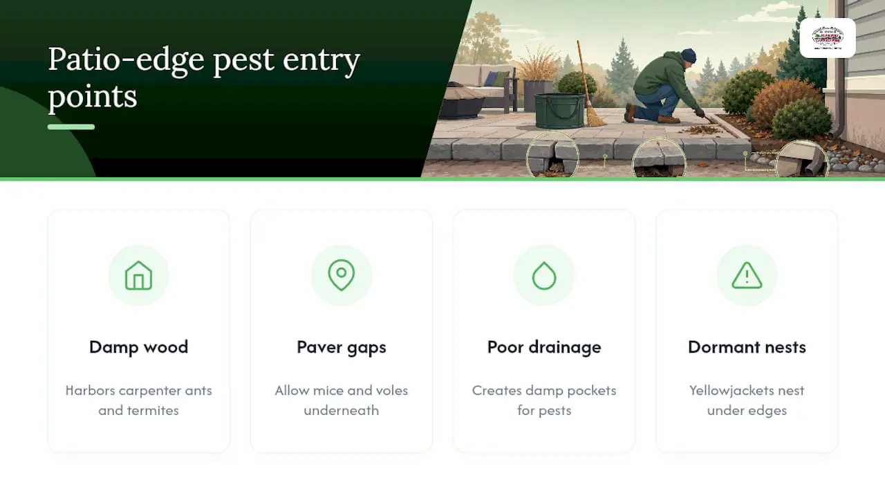 Patio edge winter pest shelter and prevention diagram