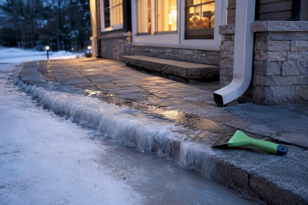 Ice dam forming along a winter patio edge