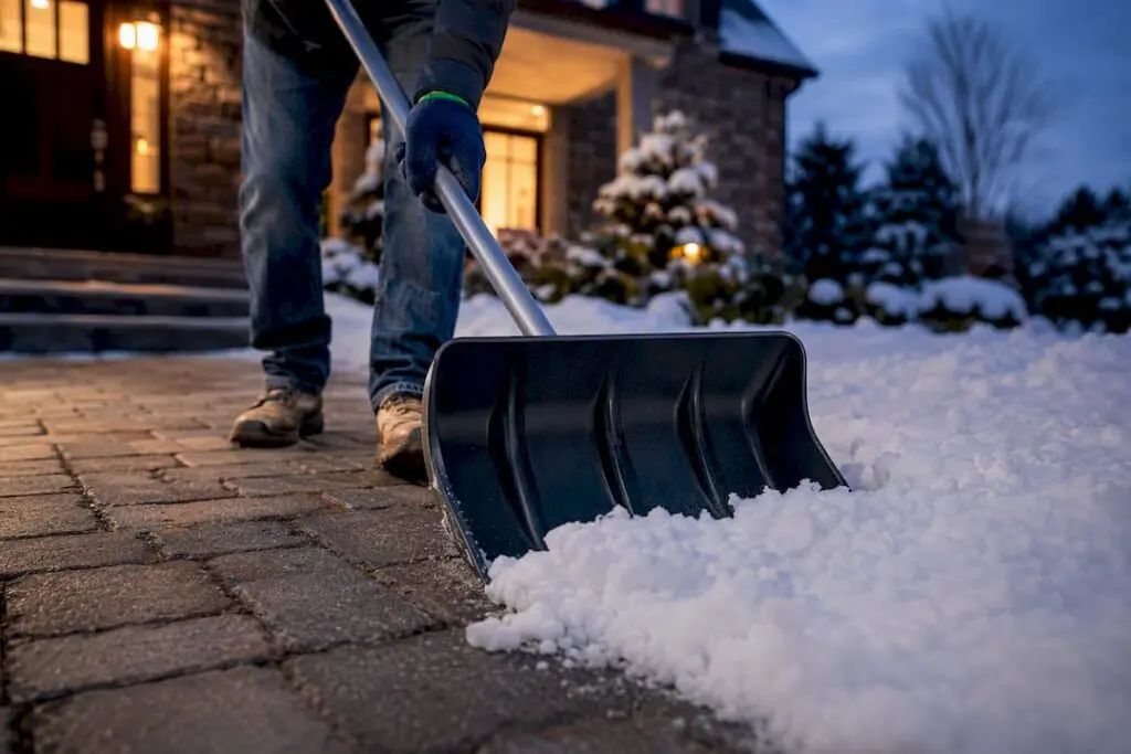 Homeowner shoveling snow from paver walkway