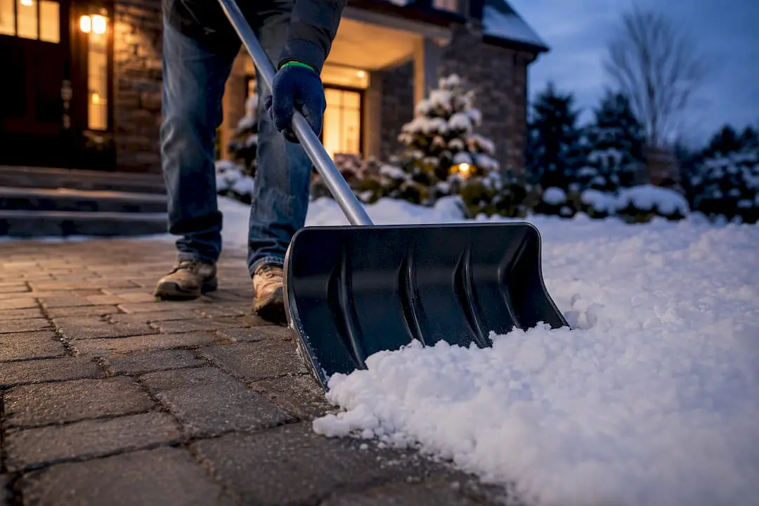 Homeowner shoveling snow from paver walkway