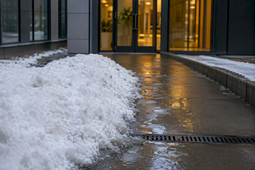 Snow ridge and meltwater blocking entrance walkway