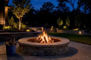 Masonry fire pit in New Jersey backyard