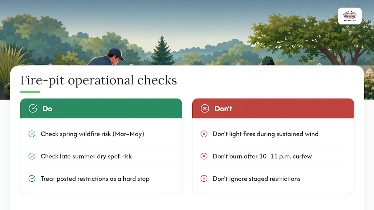 NJ fire pit seasonal time and wind checks