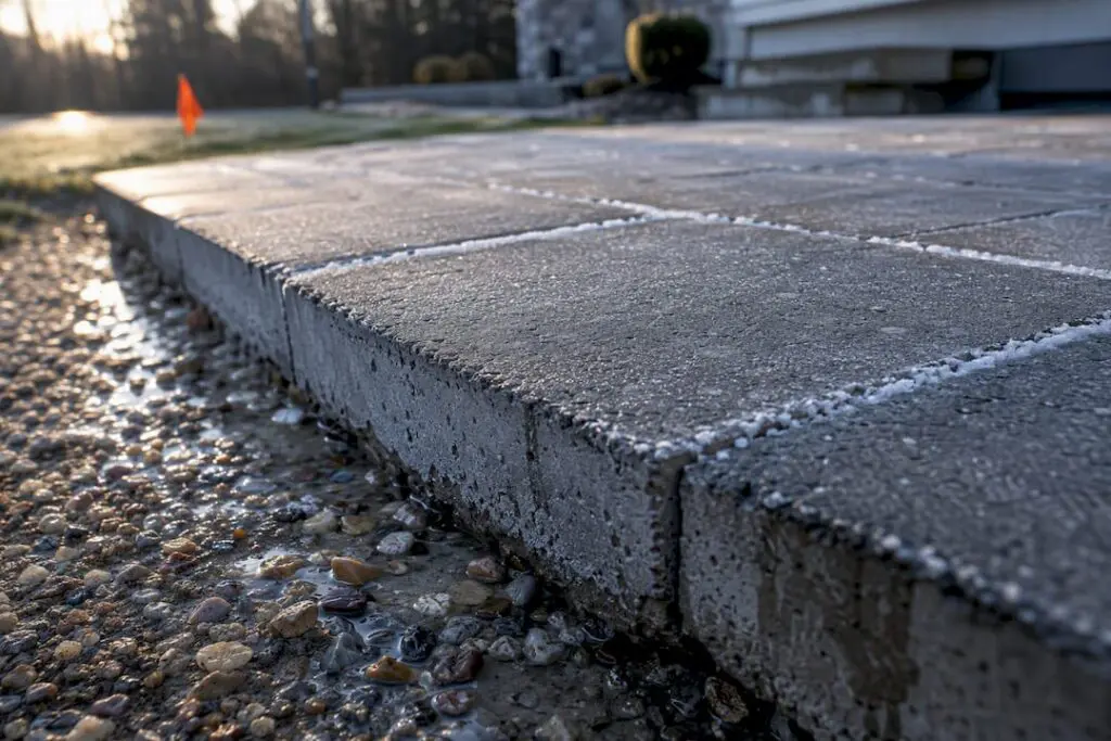 Frozen water in concrete paver joints