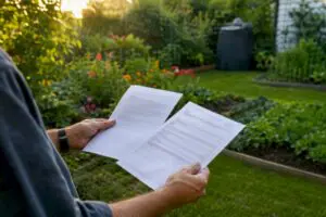 Hands holding landscaping contract and insurance paper