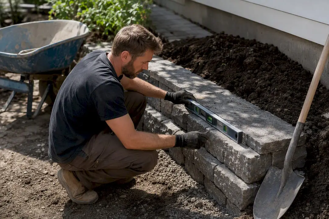 Landscaper checking foundation of stone wall