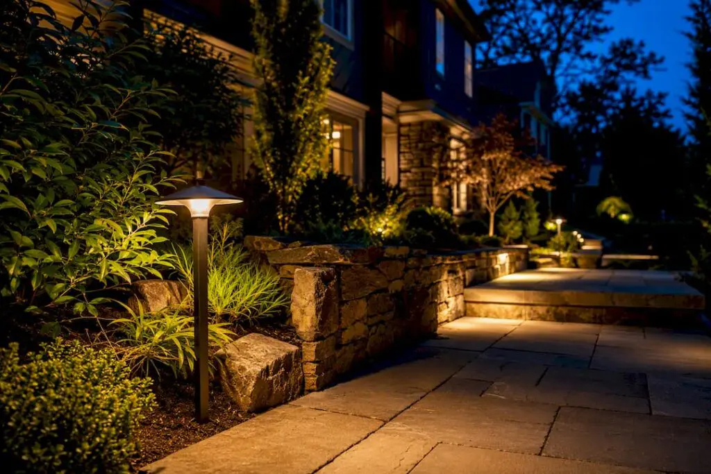 Landscape lights illuminating a New Jersey walkway