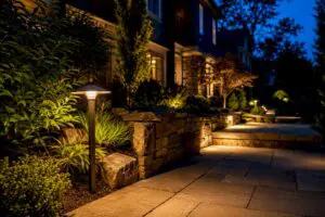 Landscape lights illuminating a New Jersey walkway