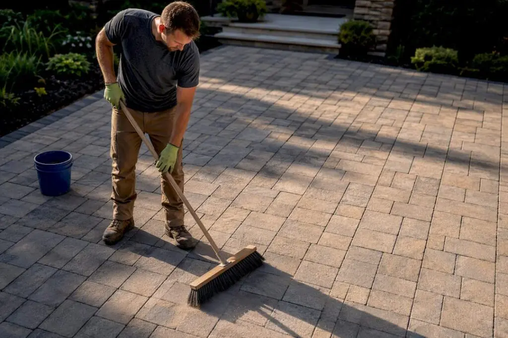 Contractor preparing residential pavers for sealing