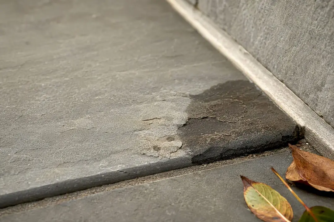 Close-up of moisture-stained spalling bluestone