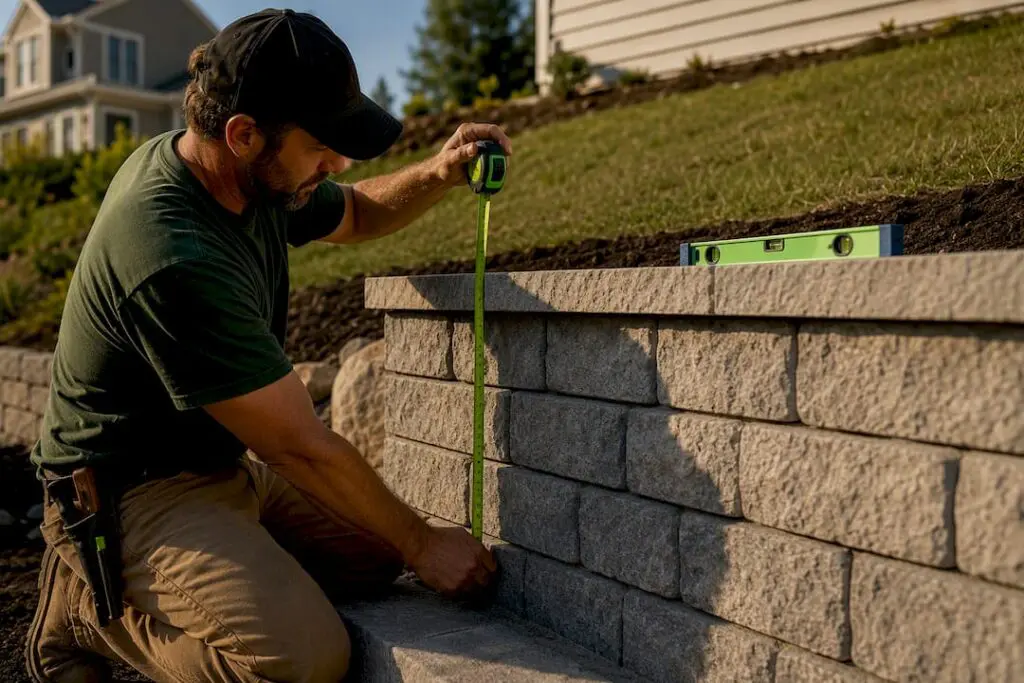 Contractor measuring retaining wall height