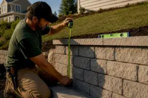 Contractor measuring retaining wall height