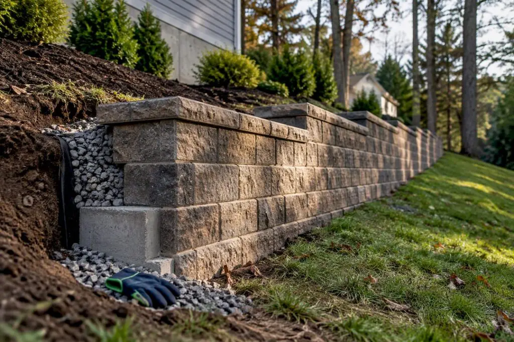 Retaining wall footing on sloped New Jersey yard