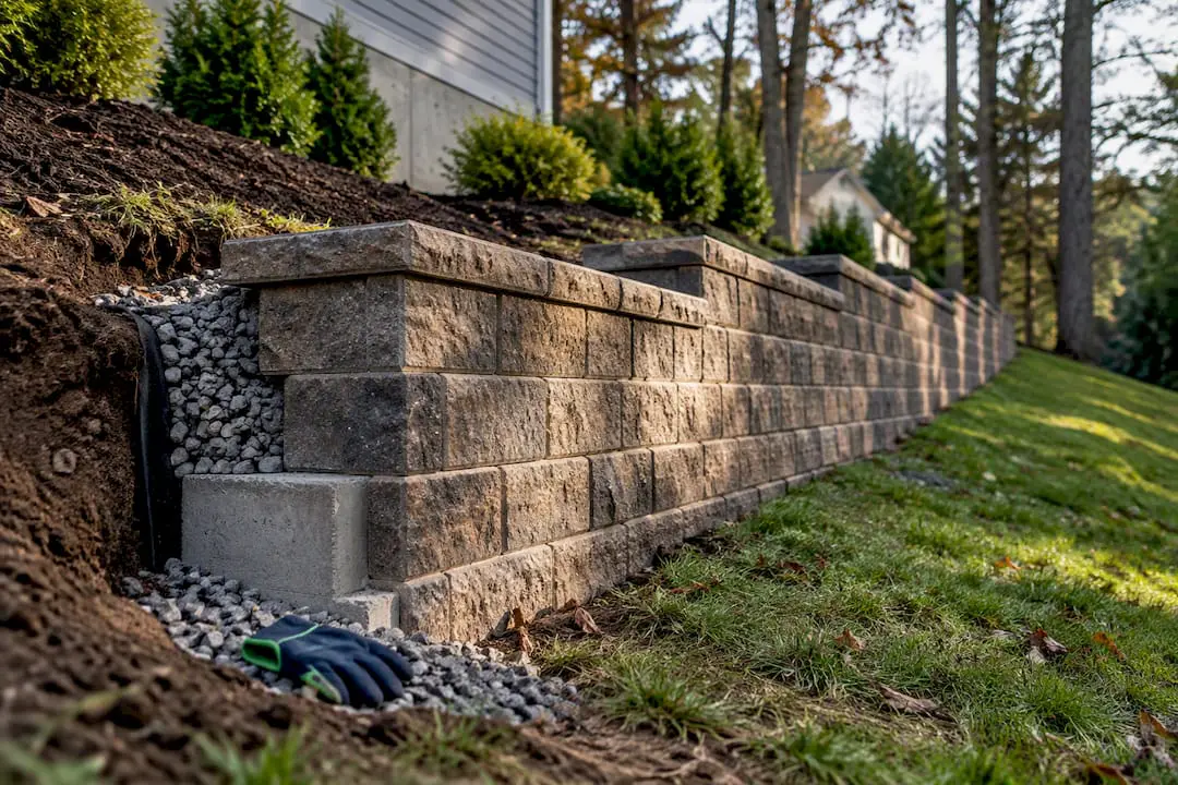 Retaining wall footing on sloped New Jersey yard