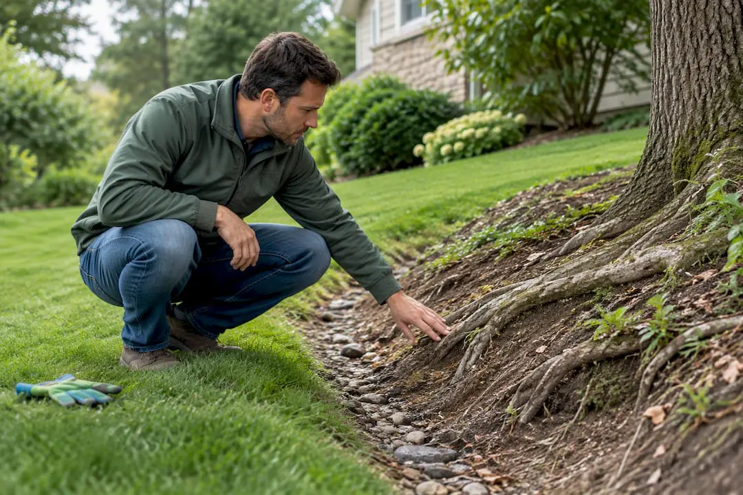 Homeowner inspecting drainage and tree roots