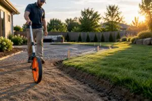 Landscaper measuring a backyard project area
