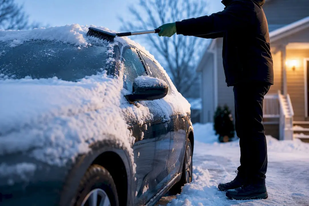 Driver clearing snow from vehicle roof
