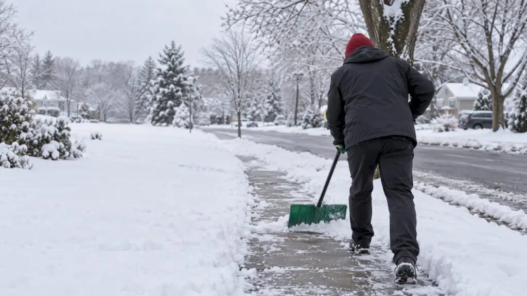 Homeowner clearing snow from New Jersey sidewalk