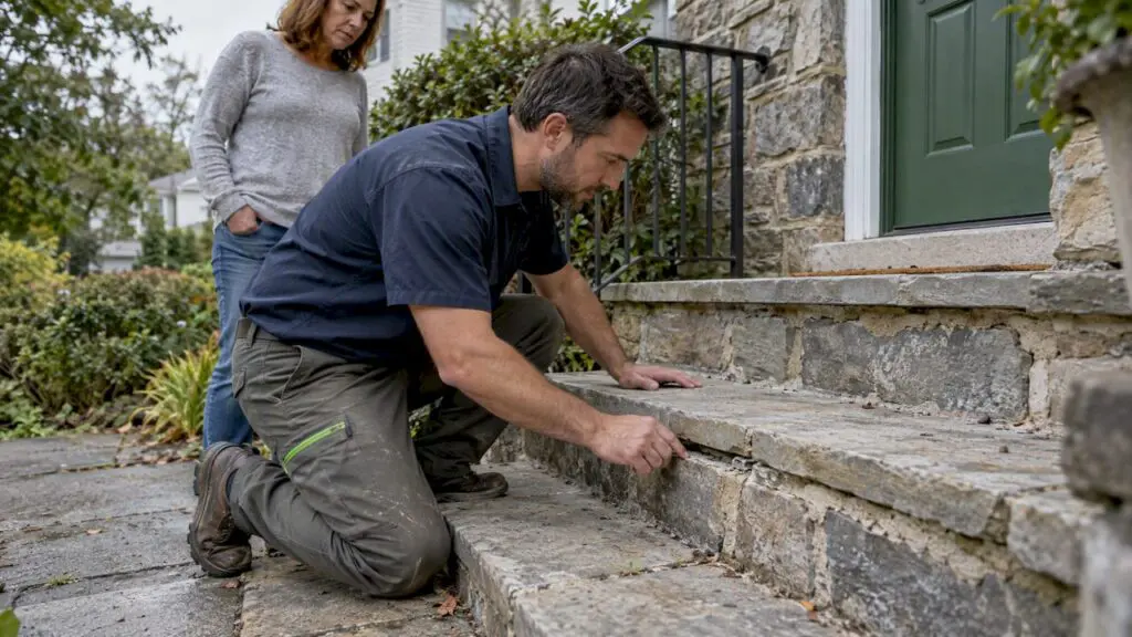 Mason inspecting damaged residential stone steps
