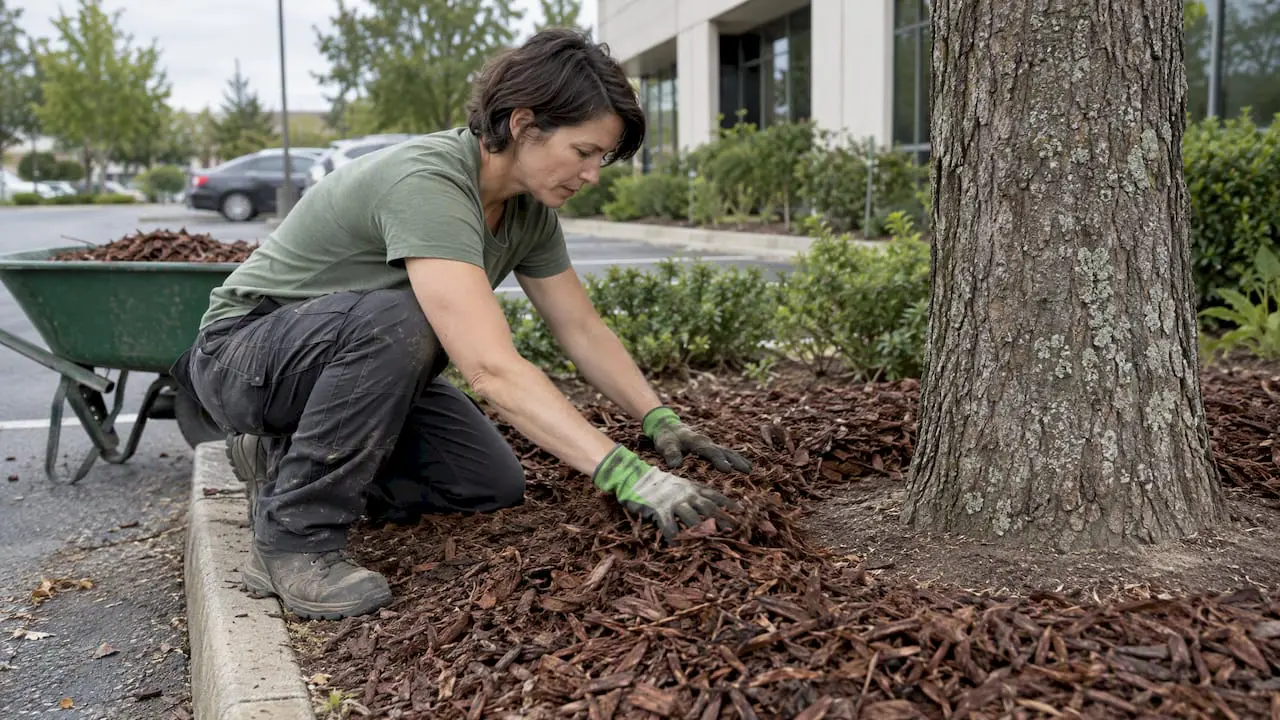 Worker applying mulch with tree trunk clearance