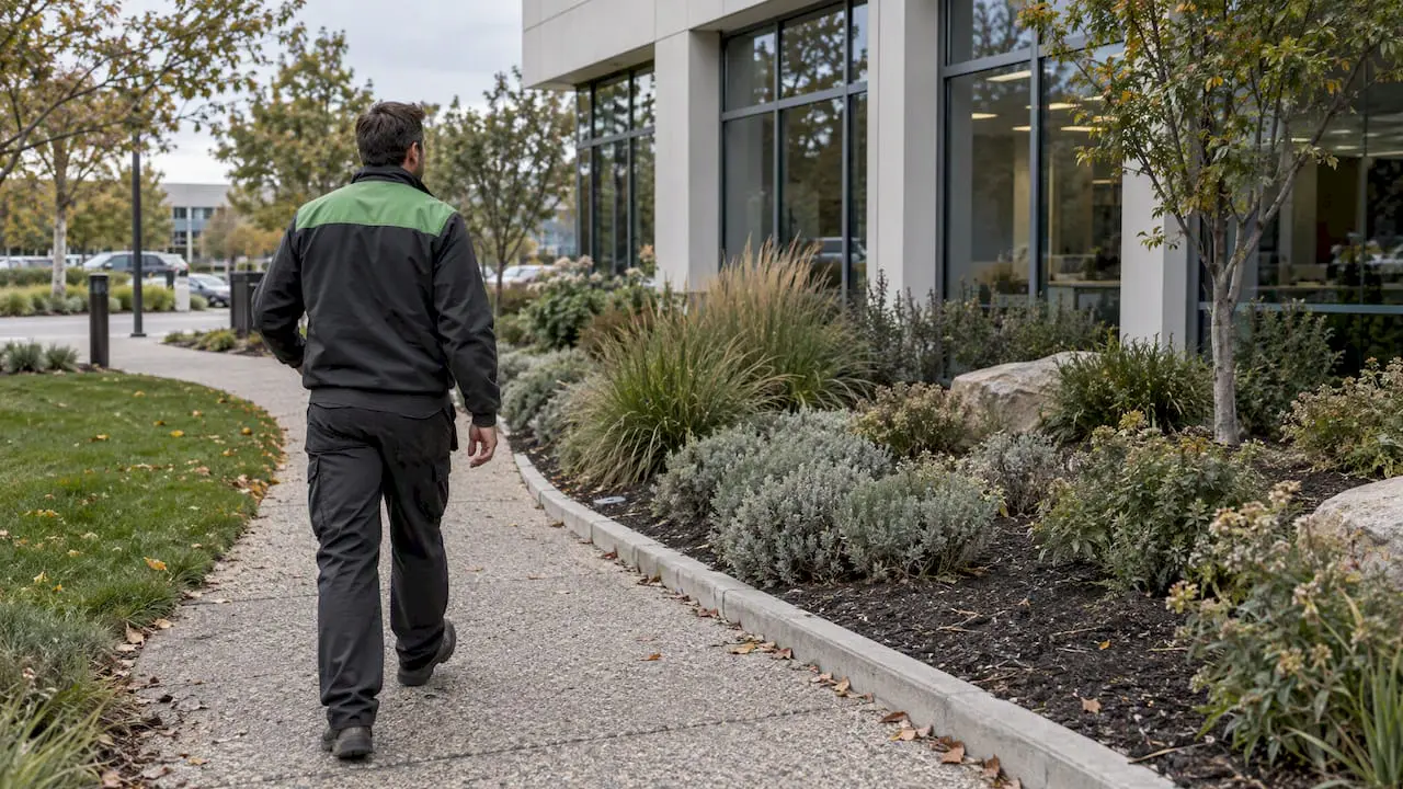 Low maintenance commercial landscape at office property