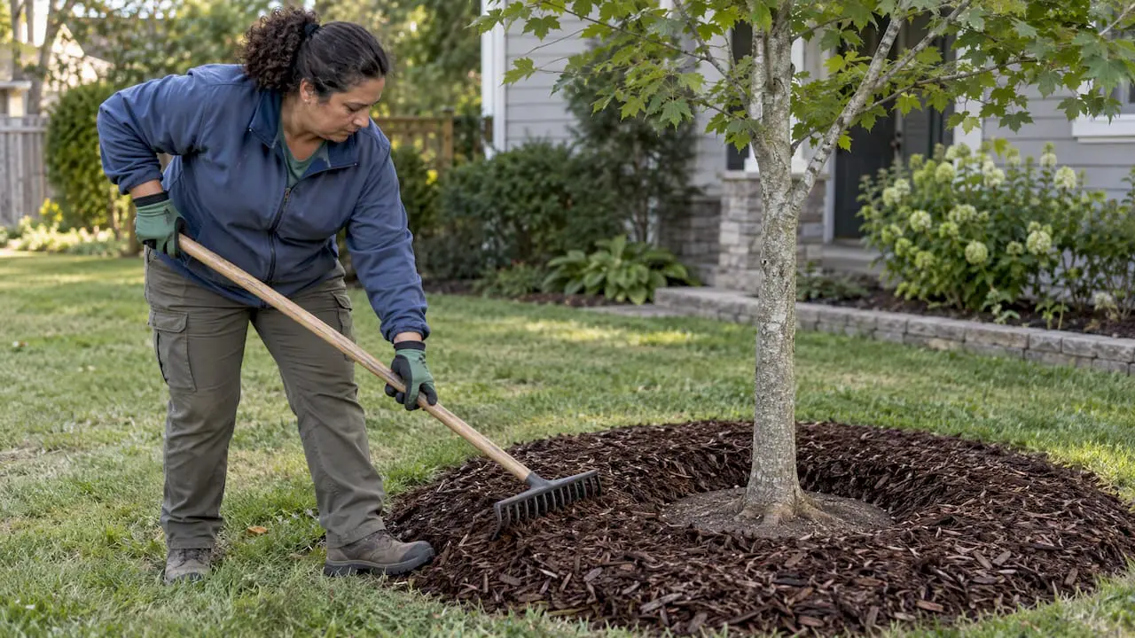 Landscaper shaping mulch ring around tree