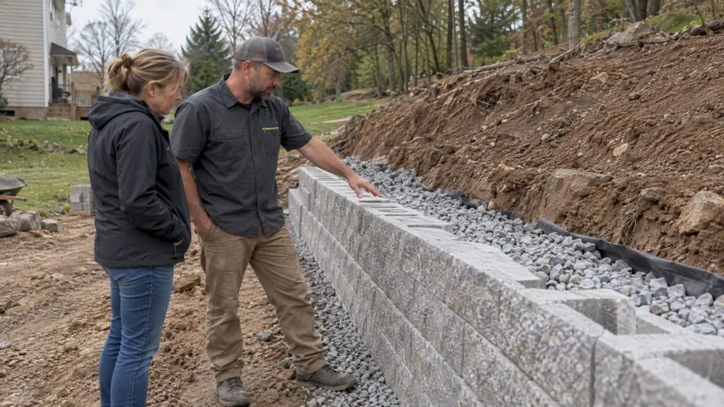 Homeowner reviewing unfinished retaining wall