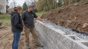 Homeowner reviewing unfinished retaining wall