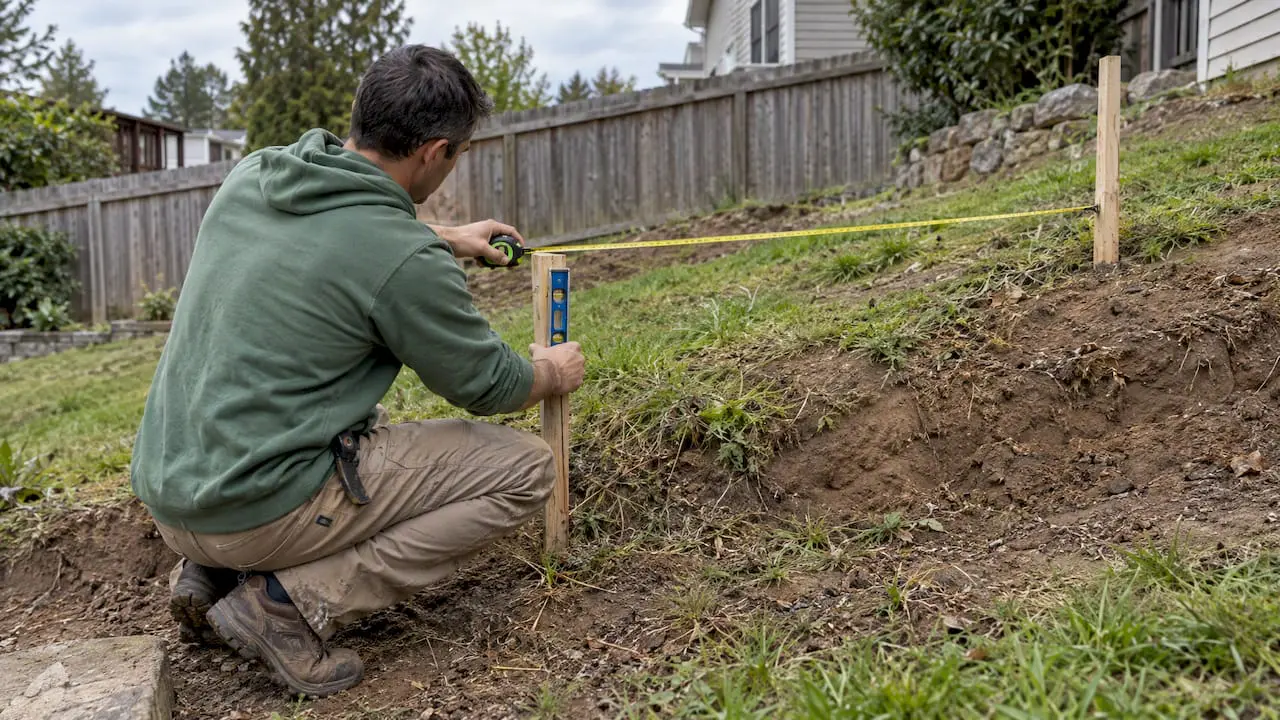 Contractor measuring a sloped backyard