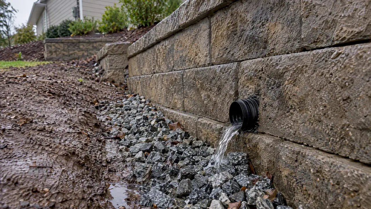 Drainage outlet beside retaining wall base
